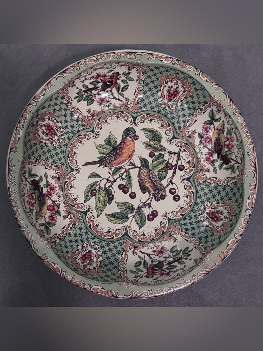 Vintage 1971 Daher Decorated Scalloped Metal Bowl with Birds and Floral Pattern